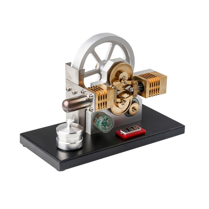 Enginediy | Hot Air Stirling Engine Generator Model with LED Light and Voltmeter -- Horizontally Opposed Diamond Structure Gear Drive