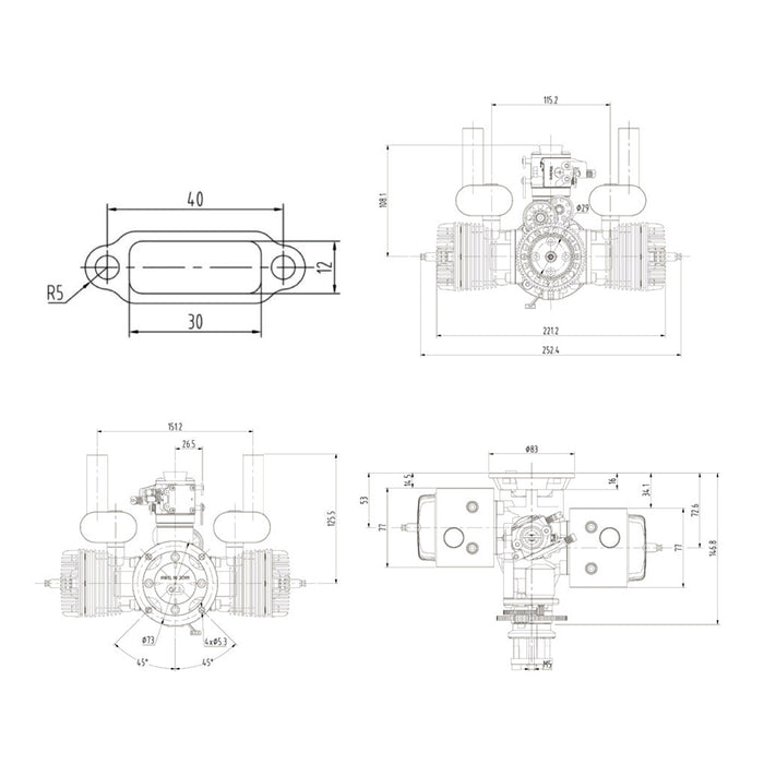 70cc horizontally opposed twin-cylinder two-stroke air-cooled gasoline engine model with electric starter for fixed-wing rc airplanes