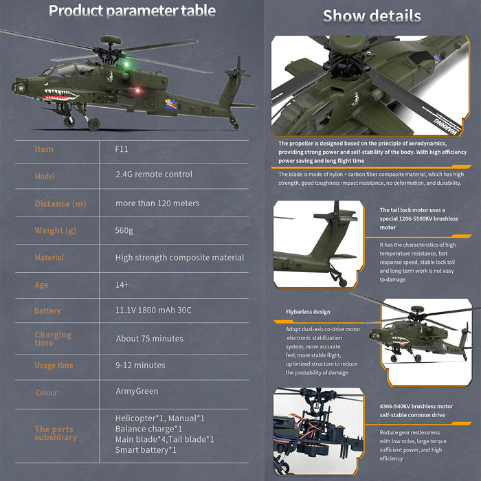 YU XIANG F11 AH64 1/32 Scale 2.4G 6CH BNF Version Helicopter Model 