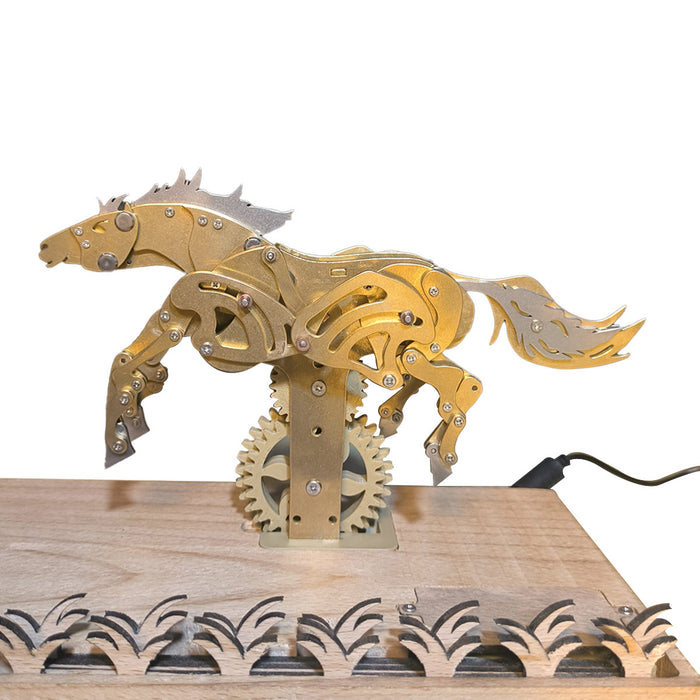 3d mechanical brass horse model with wooden base