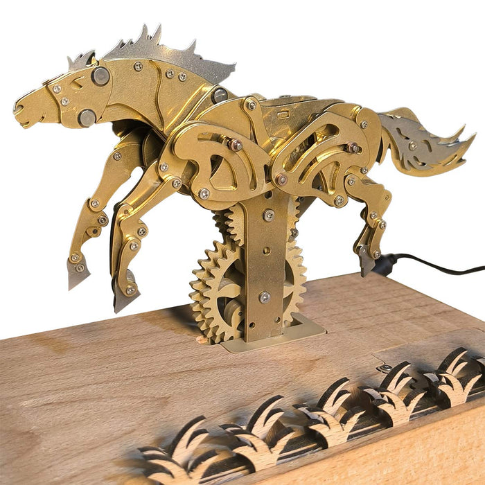 3d mechanical brass horse model with wooden base