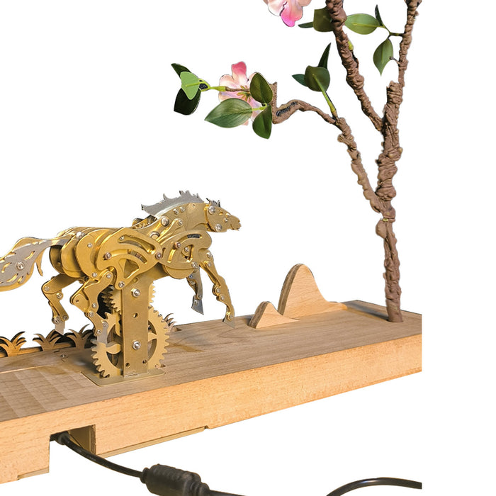 3d mechanical brass horse model with wooden base