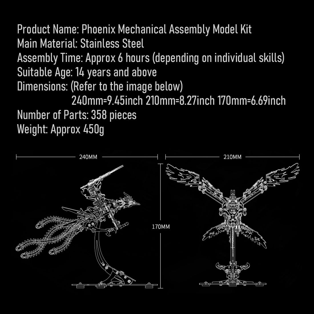 Mechanical Phoenix 3D Metal Puzzles Craft Flapping Wing Toys 358Pcs