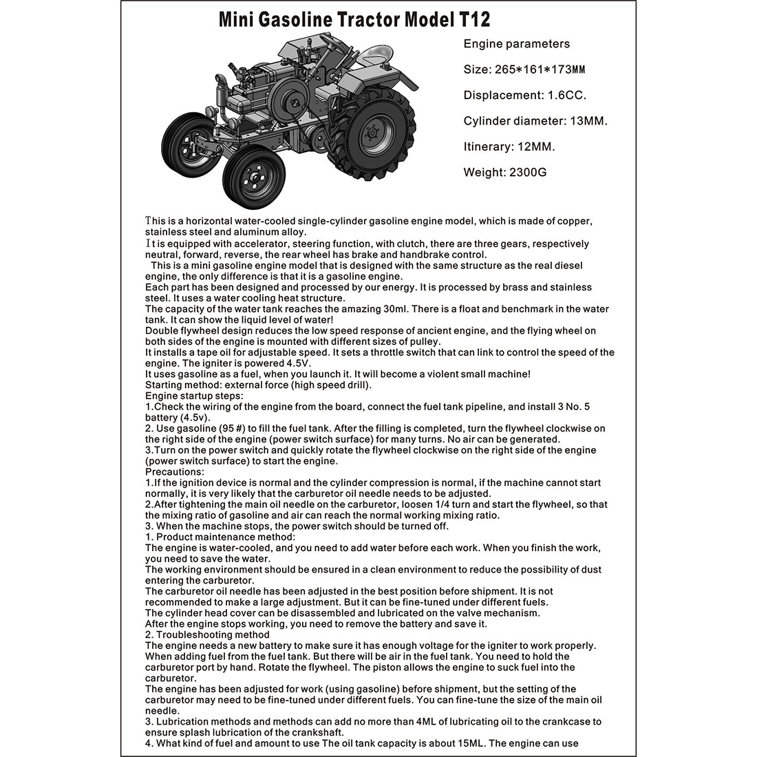 T12 Antique Roller Tractor Model with 1.6cc Mini Horizontal Single-cylinder Water-cooled Gasoline IC Engine