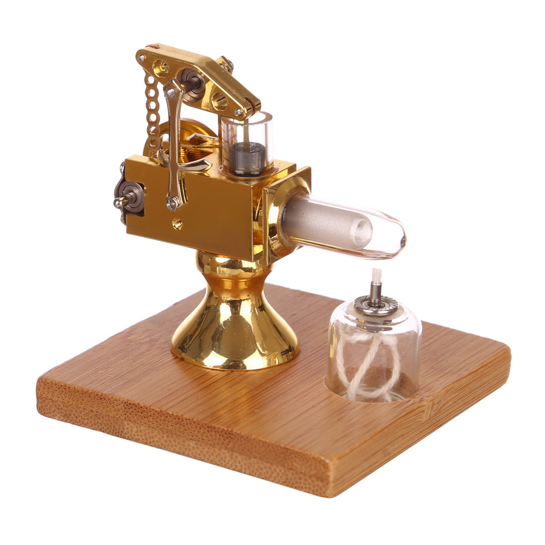 Mini Balance Type Stirling Engine Model with Quartz Hot Cylinder  and Solid Wood Base - Golden