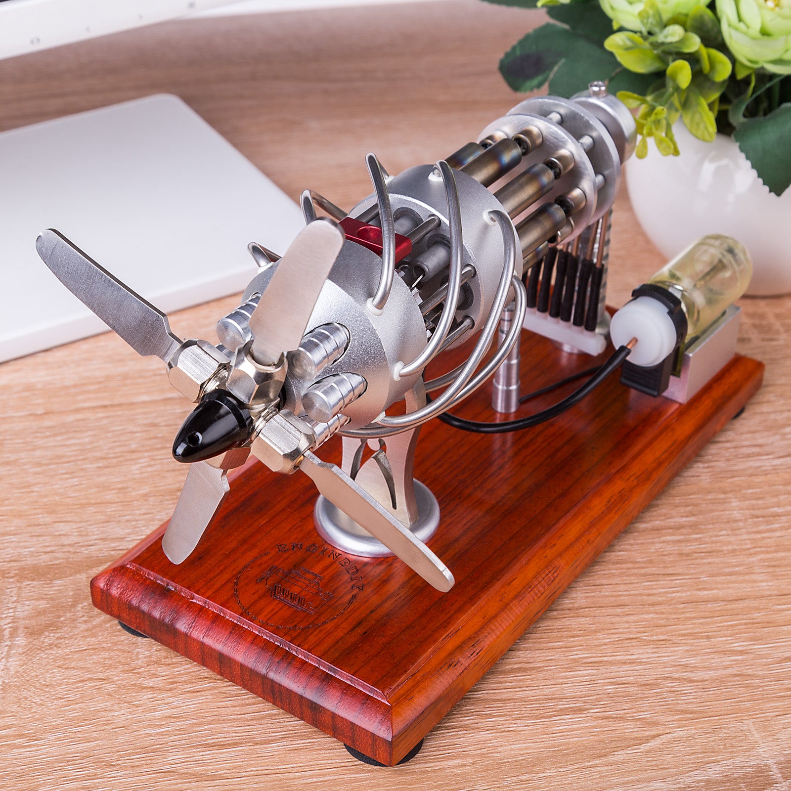 ENGINEDIY 16 Cylinder Swash Plate Stirling Engine Generator Model with Voltage Digital Display Meter and LED