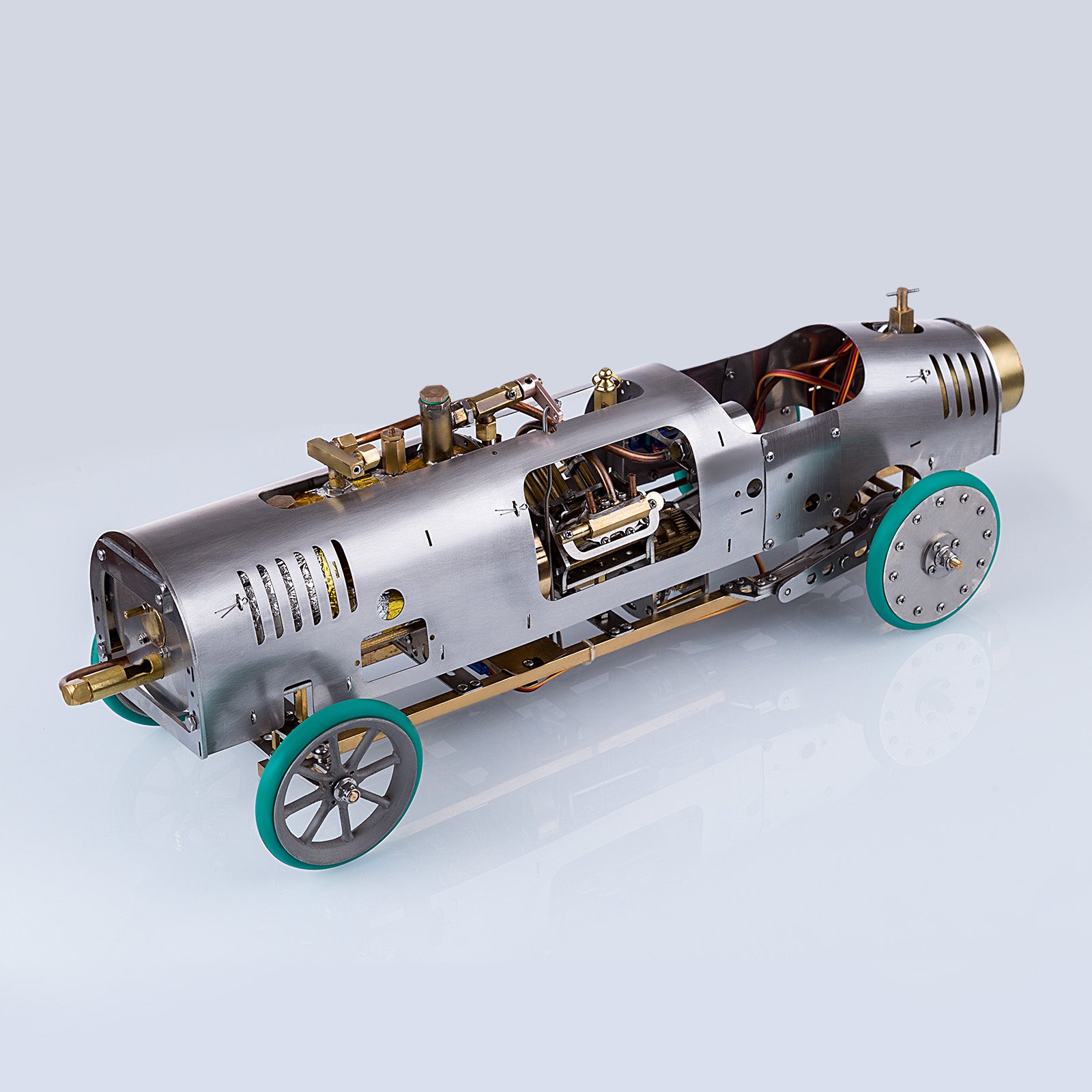 RC Rear-drive Steam Car Retro Vehicle Model with V4 Steam Engine, Gearbox and Boiler - 1/10 Scale