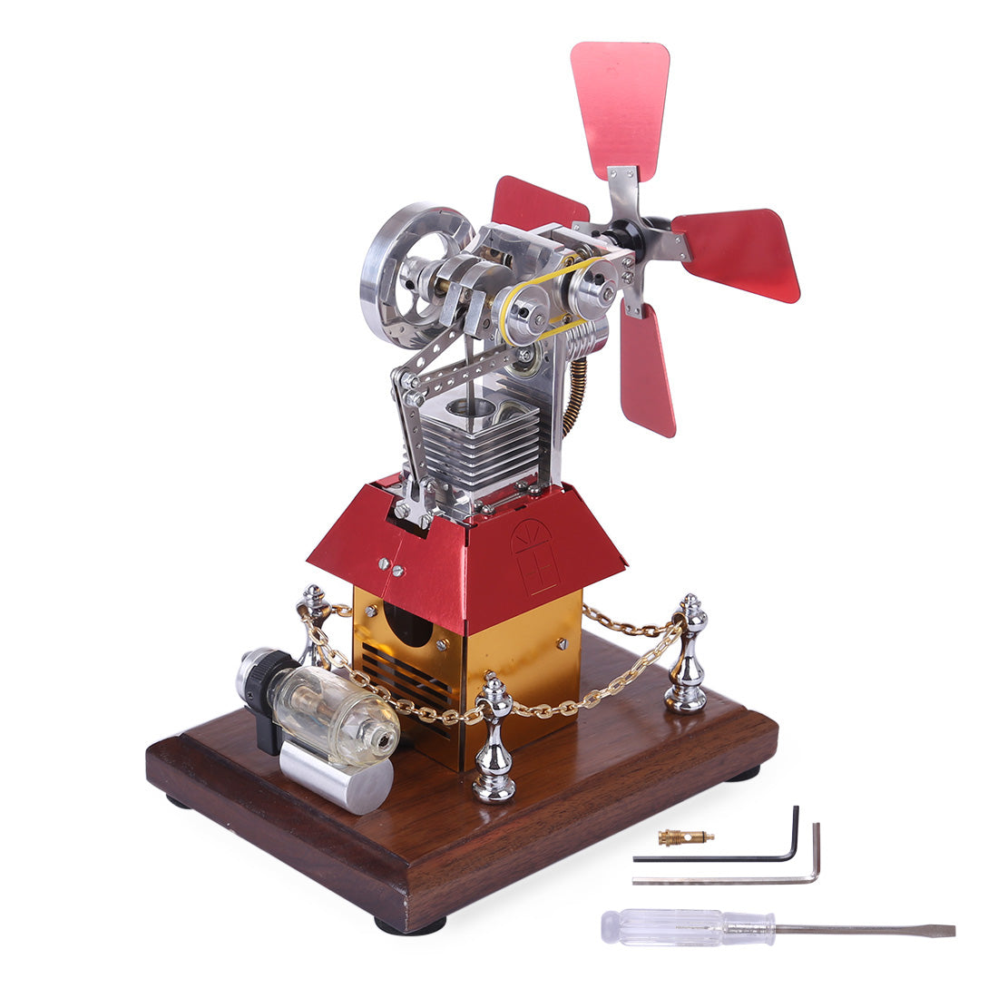 Stirling Engine Model Butane Powered with Windmill Cabin Shape - enginediy