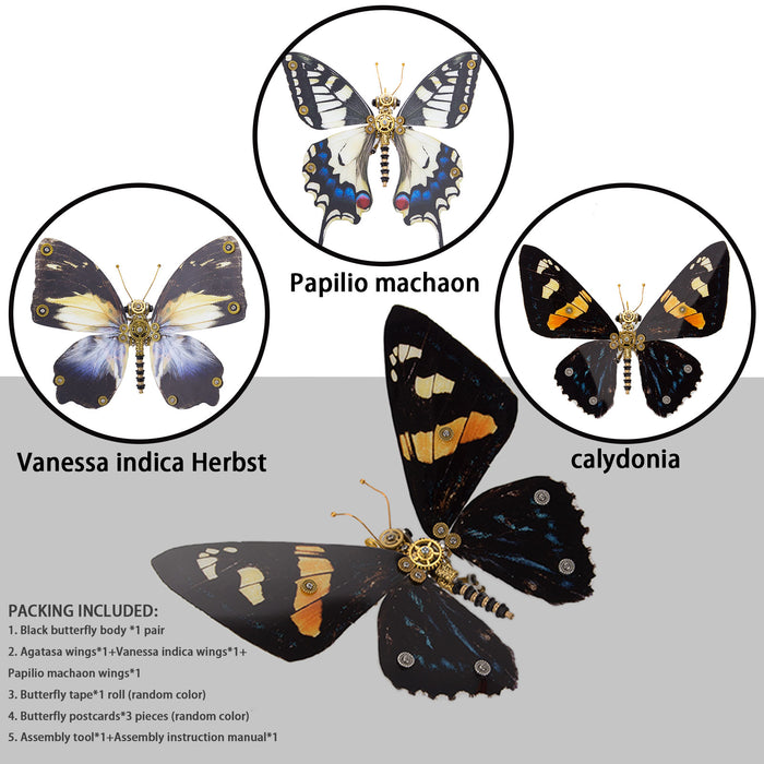 3D Metal Butterfly Model Kit, 3 In 1 Steampunk Butterfly (200PCS+/Black) - Calydonia, Vanessa Indica Herbst & Papilio Machaon