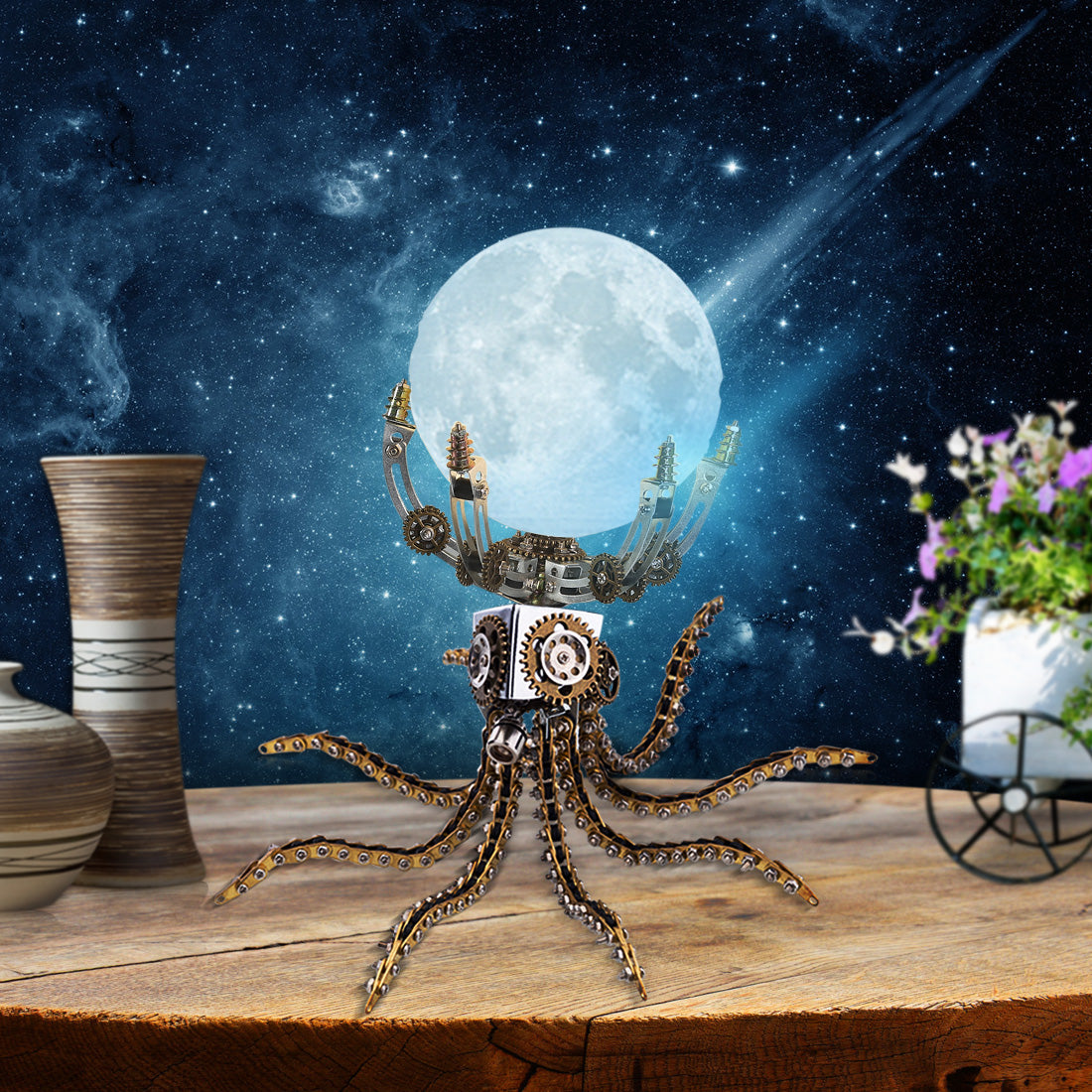 3D Metal Steampunk Galaxy Craft Puzzle Mechanical Octopus with 16 Colors Tap and Remote Control Lamp Model DIY Assembly for Home Decor Creative Gift-1060PCS