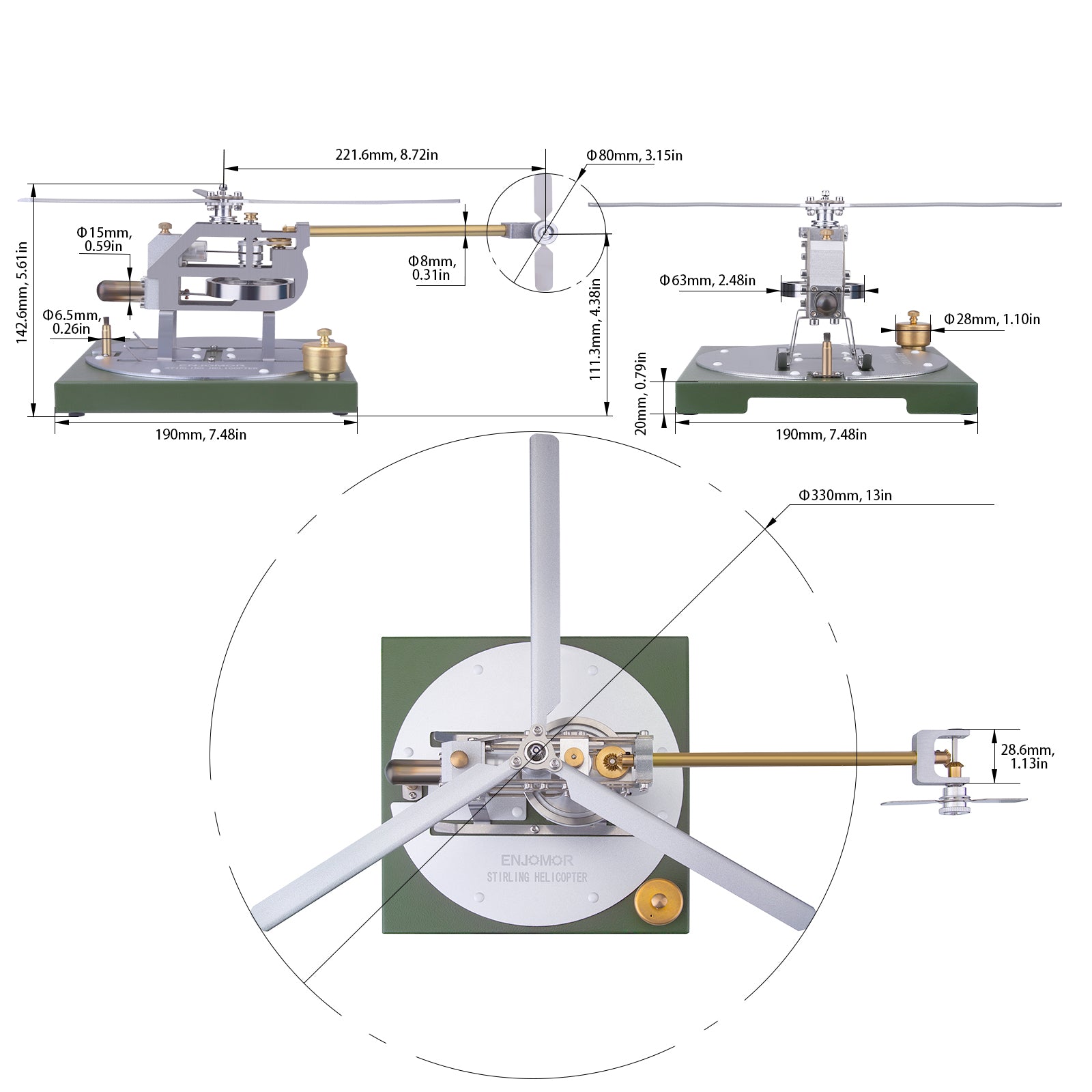 ENJOMOR Stirling Helicopter Model Kit Gamma Hot Air Stirling Engine Model DIY Assembly Model STEM Educational Toy