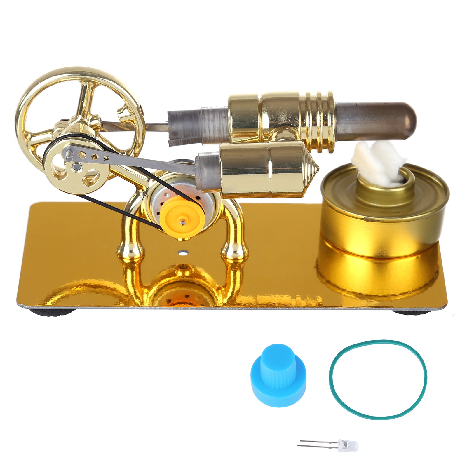 Hot Air Stirling Engine External Combustion Engine Model with LED Bulb - Golden