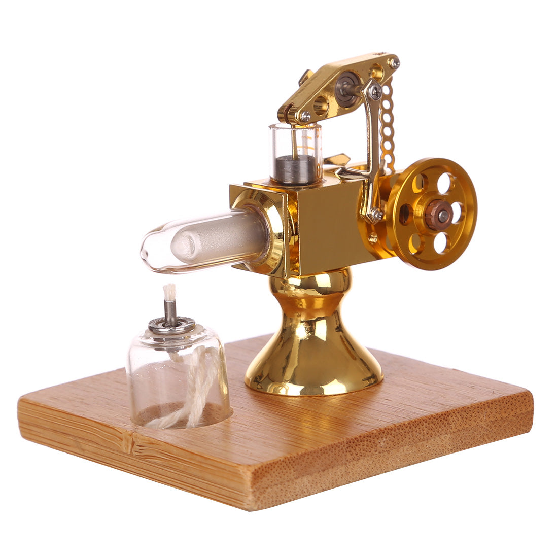 Mini Balance Type Stirling Engine Model with Quartz Hot Cylinder  and Solid Wood Base - Golden