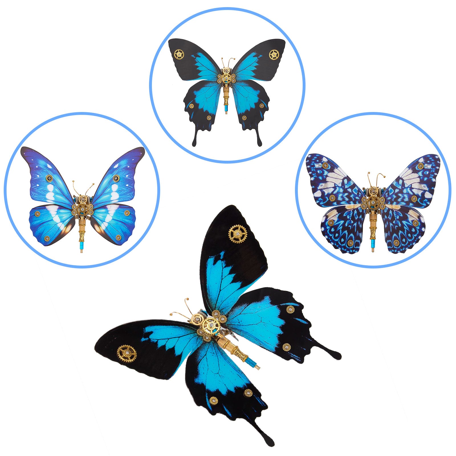 3D Metal Butterfly Model Kit, 3 In 1 Steampunk Butterfly (200PCS+/Blue) - Morpho Helena, Papilio Ulysses & Dichorragia Nesimachus