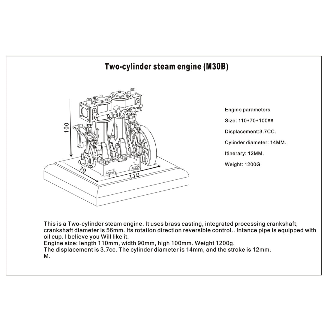 M30B 3.7CC Mini Retro Vertical Double-cylinder Reciprocating Double-acting Steam Engine Model Toys