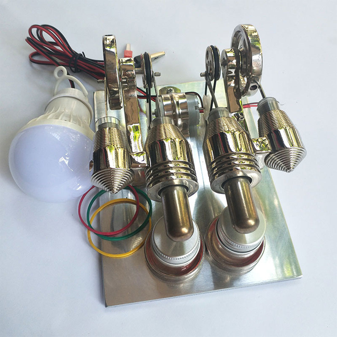 Two-cylinder Stirling Engine Model with LED Metal Generator External Combustion Engine Model - enginediy